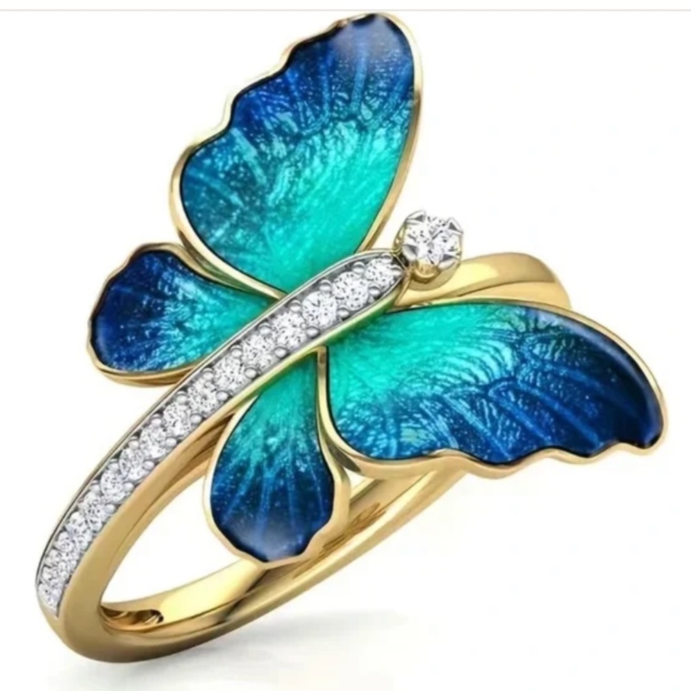 NWT!  Beautiful Colorful Butterfly Rhinestone Ring in Blue and Gold Tone!